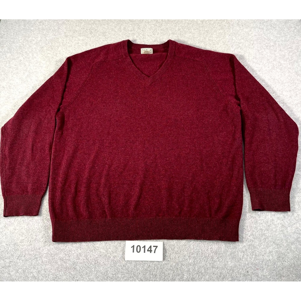 L.L. Bean Sweater Mens XL Red Lambswool Tight Knit Ribbed Trim V Neck Casual
